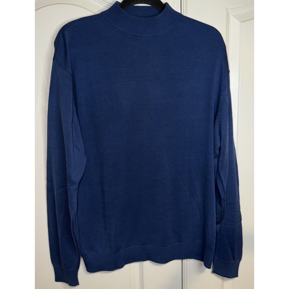 Cezani Mens Silk Cotton Blend Mock Neck Ribbed Sweater Blue Med Soft Preppy Nice